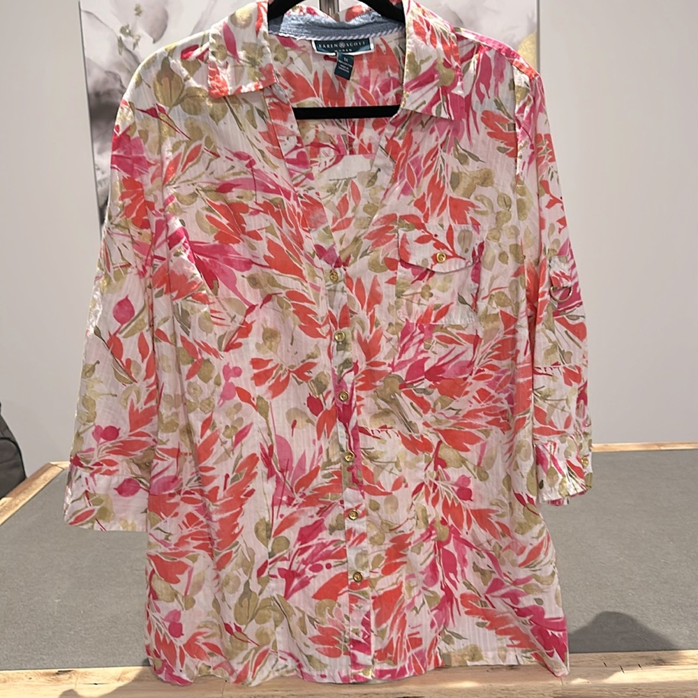 Karen Scott Pink and Green 3/4 Sleeve Boxy Blouse